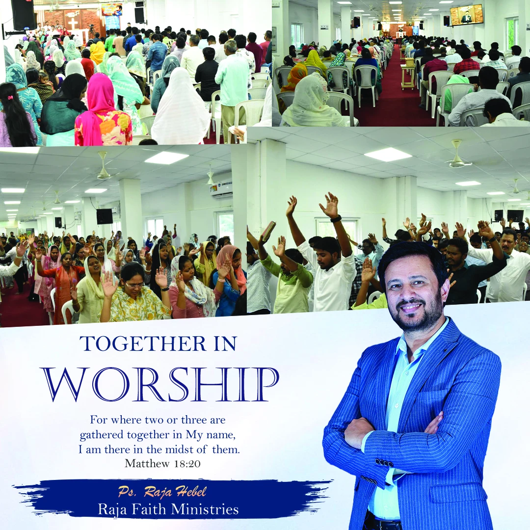 The New Covenant Church congregation gathered together in worship, hands raised, with Pastor Raja Hebel